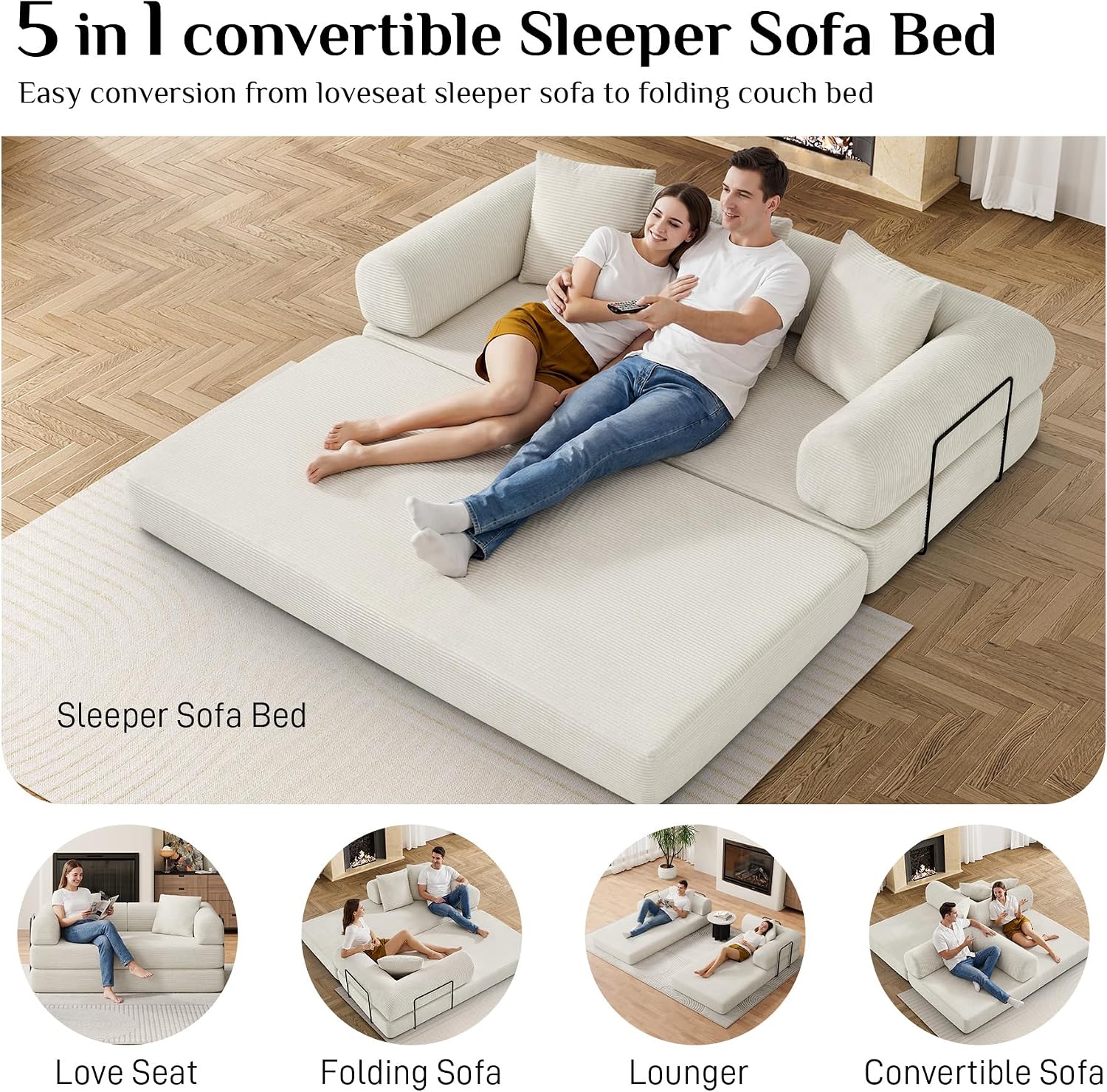 DAMAIFROM Convertible Sleeper Sofa Bed with Cylindrical Pillow,Corduroy Folding Mattress Couch with Fixed-Shape Frame,Modular Floor Sofa Lounge Couch for Living Room Bedroom Lounge,80',Beige White