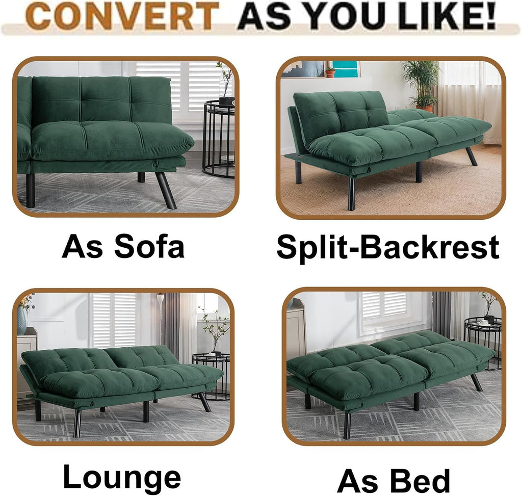 Anwick Velvet Convertible Futon Sofa Bed,71' Modern Comfy Loveseat Sleeper Sofa with Adjustable Backrest Armrest,Folding Futon Sleeper Recliner for Living Room,Office,Apartment (Emerald)