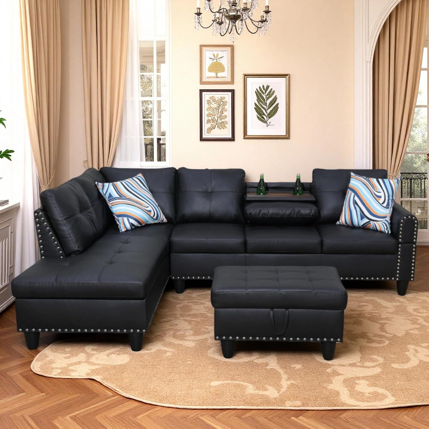 Leather 3-Piece L-Shaped Couches for Living Room, Sectional Sofa with Storage Ottoman & Movable Chaise, Modular Convertible Couch for Bedroom & Apartment, Midnight Black