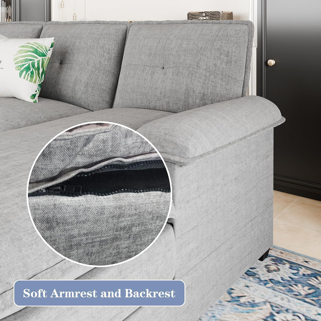 110' Sectional Couches for Living Room,U Shaped Big Sofa Couch with Double Chaise,Modern 4 Seat Modular Sofa Couches with Thick Cushion & Soft Backrest,New Grey