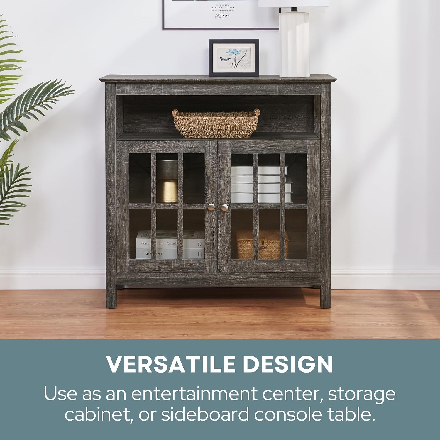 Convenience Concepts Big Sur Highboy TV Stand 36' - Modern Entertainment Center For TVs up to 40', Storage Cabinet for Dining, Living Room, & Entryway, Console Hall Table with Shelves, Weathered Gray