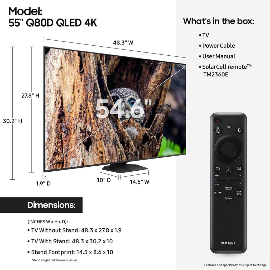 Samsung 55-Inch Class QLED 4K Q80D Series Quantum HDR+ Smart TV w/Dolby Atmos, Object Tracking Sound Lite, Direct Full Array, Motion Xcelerator, Alexa Built-in (QN55Q80D, 2024 Model)