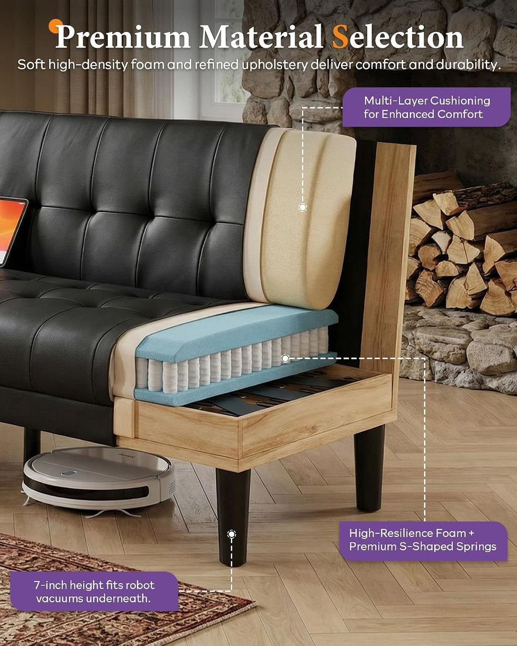 TYBOATLE Sofa Couch 62' W Loveseat w/ 2 USB Charger Ports & 2 Cupholders, Mid-Century Modern Tufted Small Love Seat Couches for Office, Living Room,Bedroom,Apartment,Dorm (3, Black)