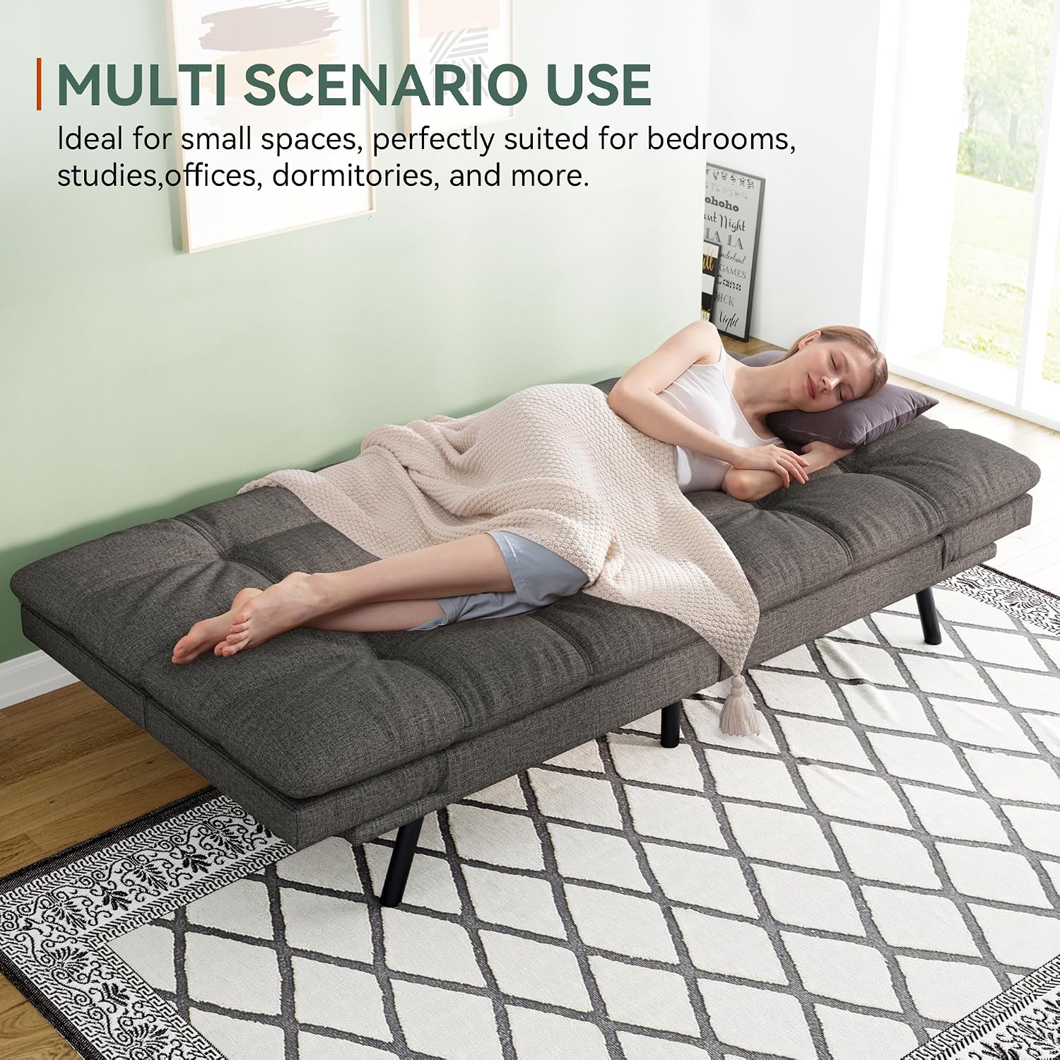 Opoiar 71' L Convertible Futon Sofa Bed,Linen Fabric Futon Couch,Loveseat Sleeper Sofa,Soft Cushions Love Seat Daybed for Studio, Apartment, Office, Small Space, Compact Living Room,Grey