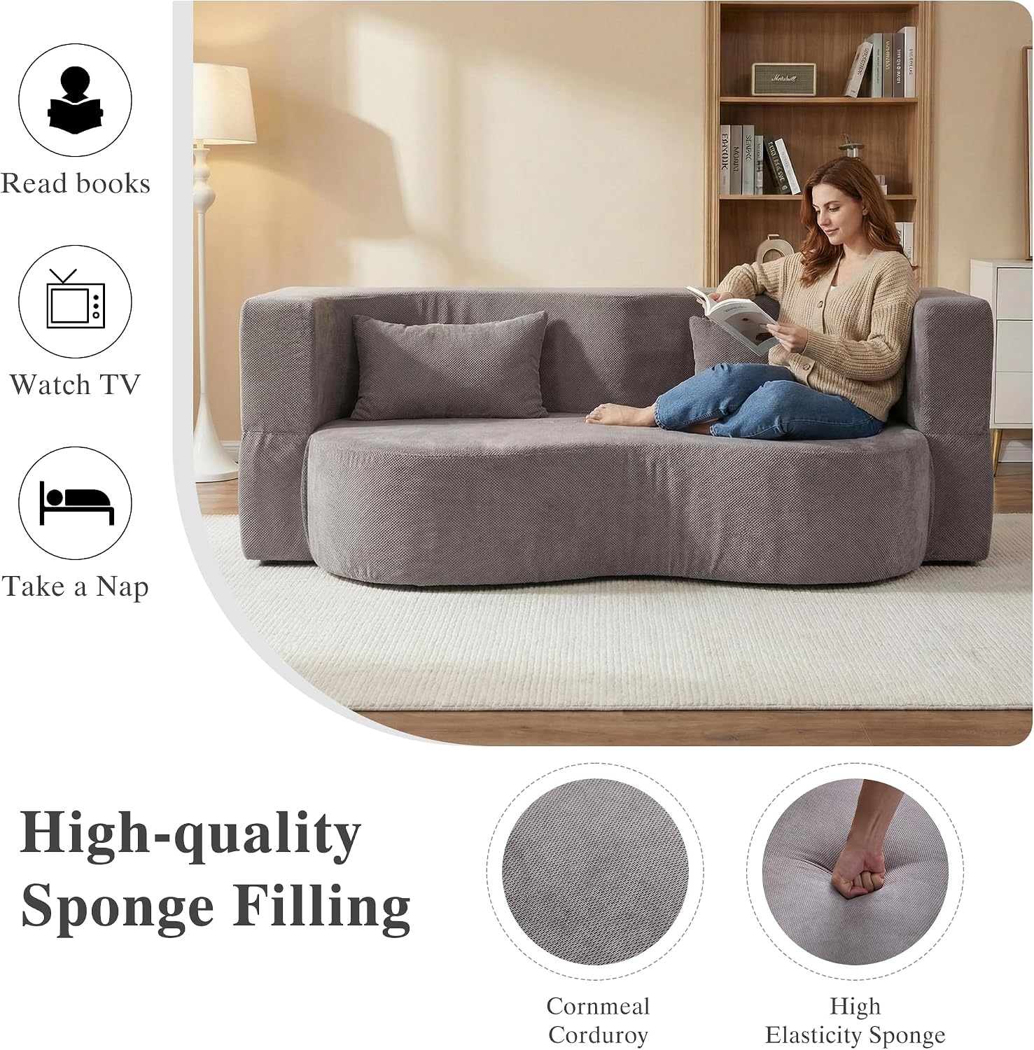 2-in-1 Convertible Sofa,78 Inch Pull Out Sofa Folding Sofa Bed with 2 Pilow Lazy Sofa, Corduroy Loveseat Sleeper Floor Sofa for Apartment Children's Room Bedroom Living Room, Grey | Pull Out Sofa Bed, Folding, 2 Pillows, Teddy Loveseat, Floor Sofa