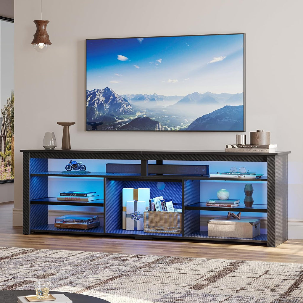 Bestier Tall TV Stand for 75 inch TV, LED Entertainment Center, Gaming TV Console with Storage for PS5, Modern TV Cabinet for Bedroom, Living Room, Black Carbon Fiber