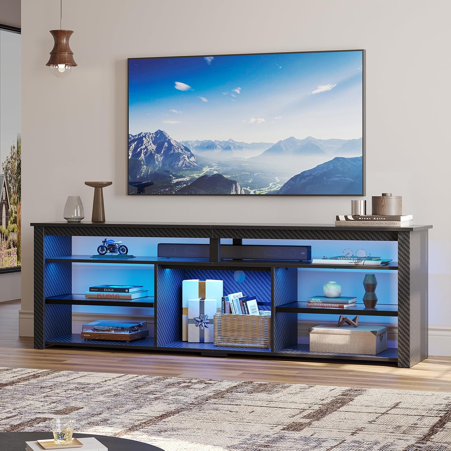 Bestier Tall TV Stand for 75 inch TV, LED Entertainment Center, Gaming TV Console with Storage for PS5, Modern TV Cabinet for Bedroom, Living Room, Black Carbon Fiber