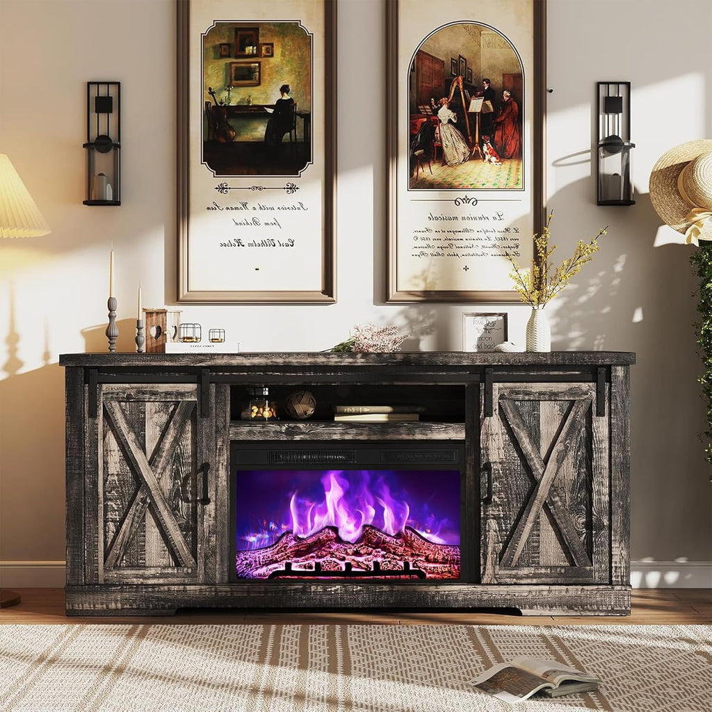 AMERLIFE Fireplace TV Stand with Sliding Barn Door for TVs up to 73', Farmhouse 63' Fireplace Entertainment Center with Storage Cabinets/Adjustable Shelves, Dark Rustic Oak