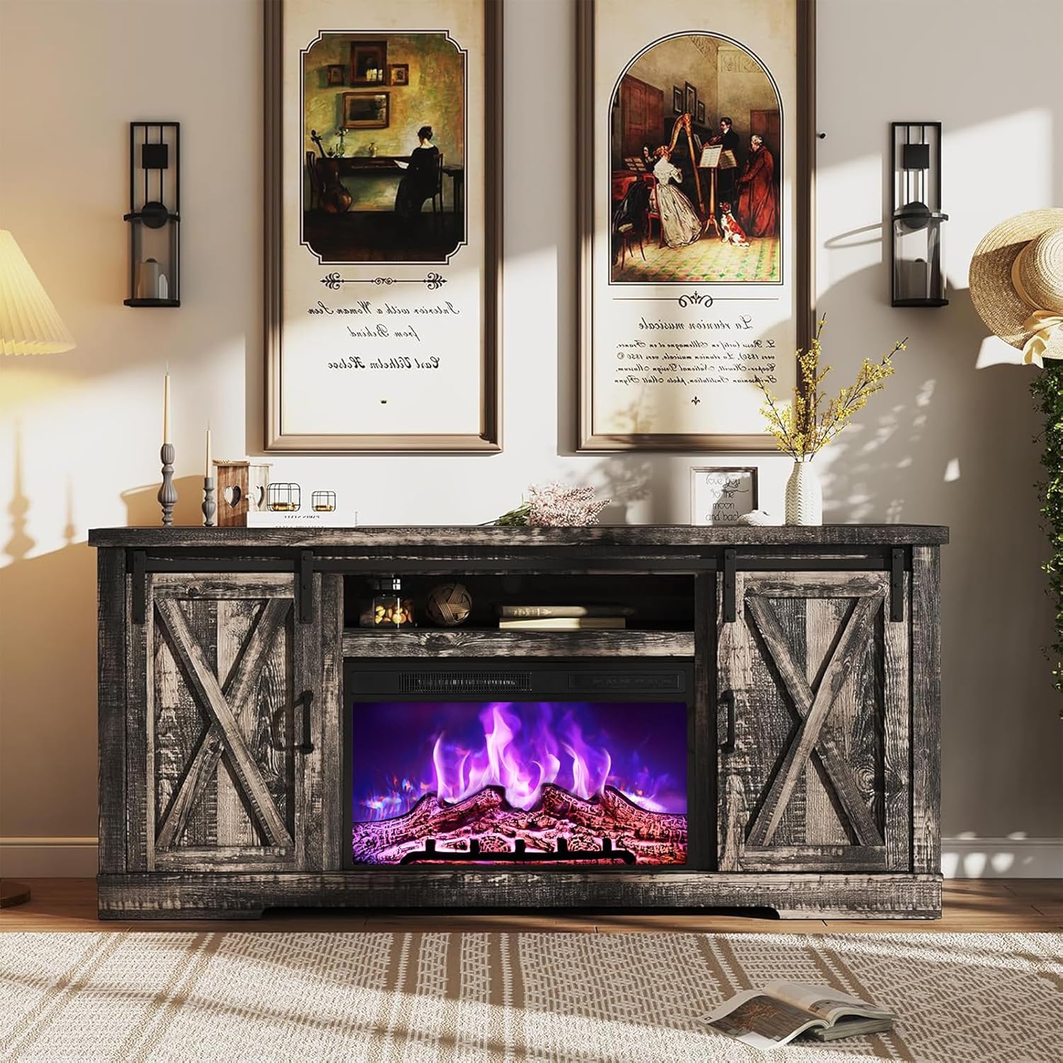 AMERLIFE Fireplace TV Stand with Sliding Barn Door for TVs up to 73', Farmhouse 63' Fireplace Entertainment Center with Storage Cabinets/Adjustable Shelves, Dark Rustic Oak