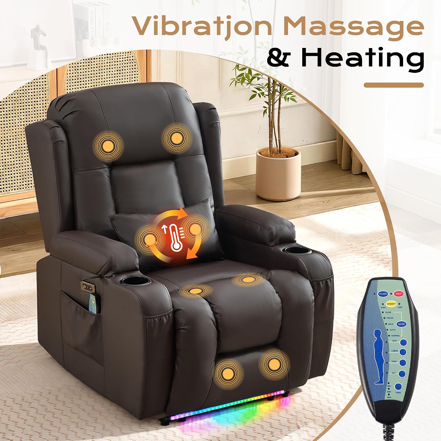 URRED Recliner Chair with Massage and Heat, Power Reclining Sofa Chair Home Theater Seating with LED Ambient Light, USB Ports, Cup Holders, Side Pockets, Faux Leather (Brown, Set of 1)