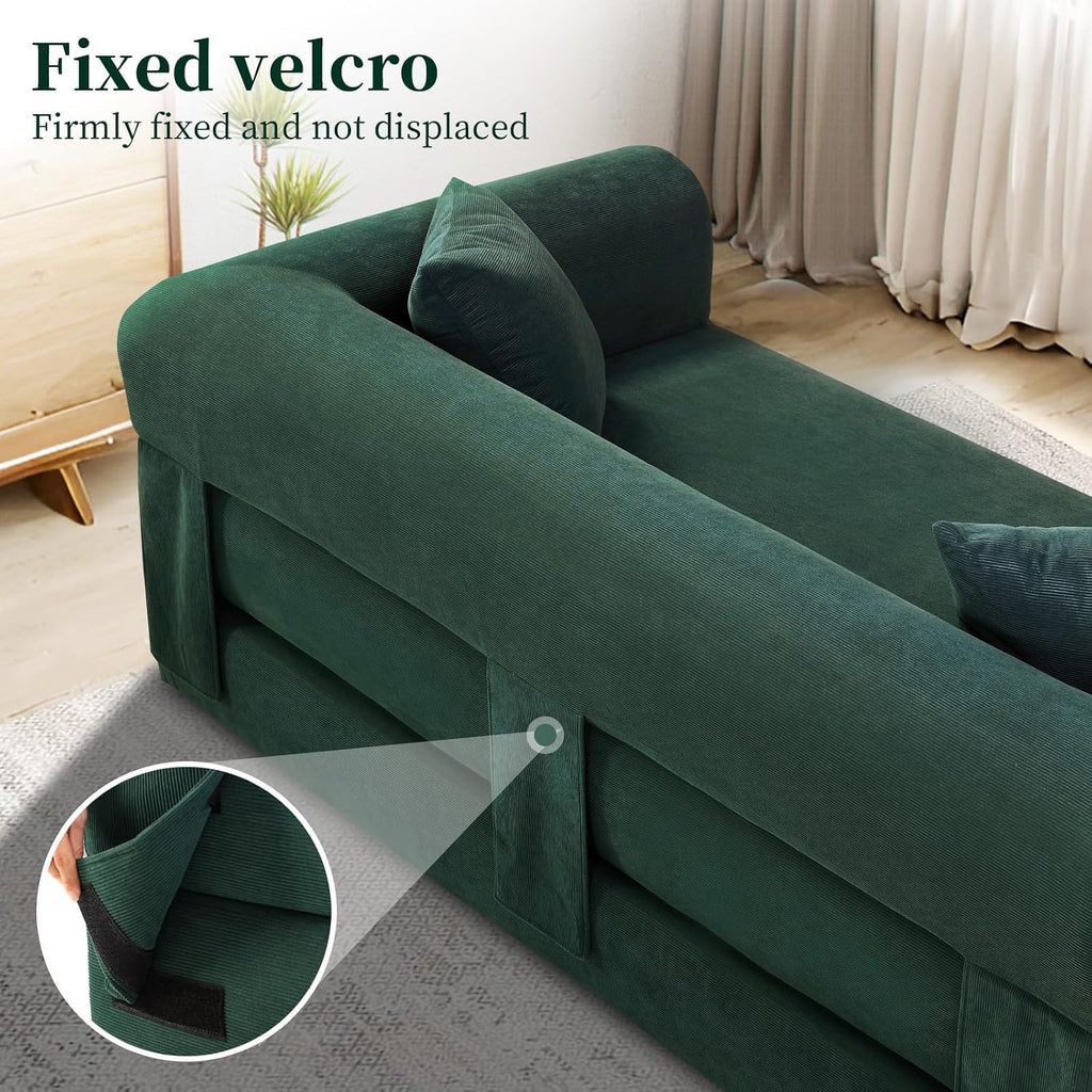 KBQ 3-Seat Convertible Sleeper Sofa Bed with 2 Pillows, Corduroy Folding Mattress Couch, Floor Sofa Lounge Couch for Living Room Bedroom Lounge Studio, Deep Green