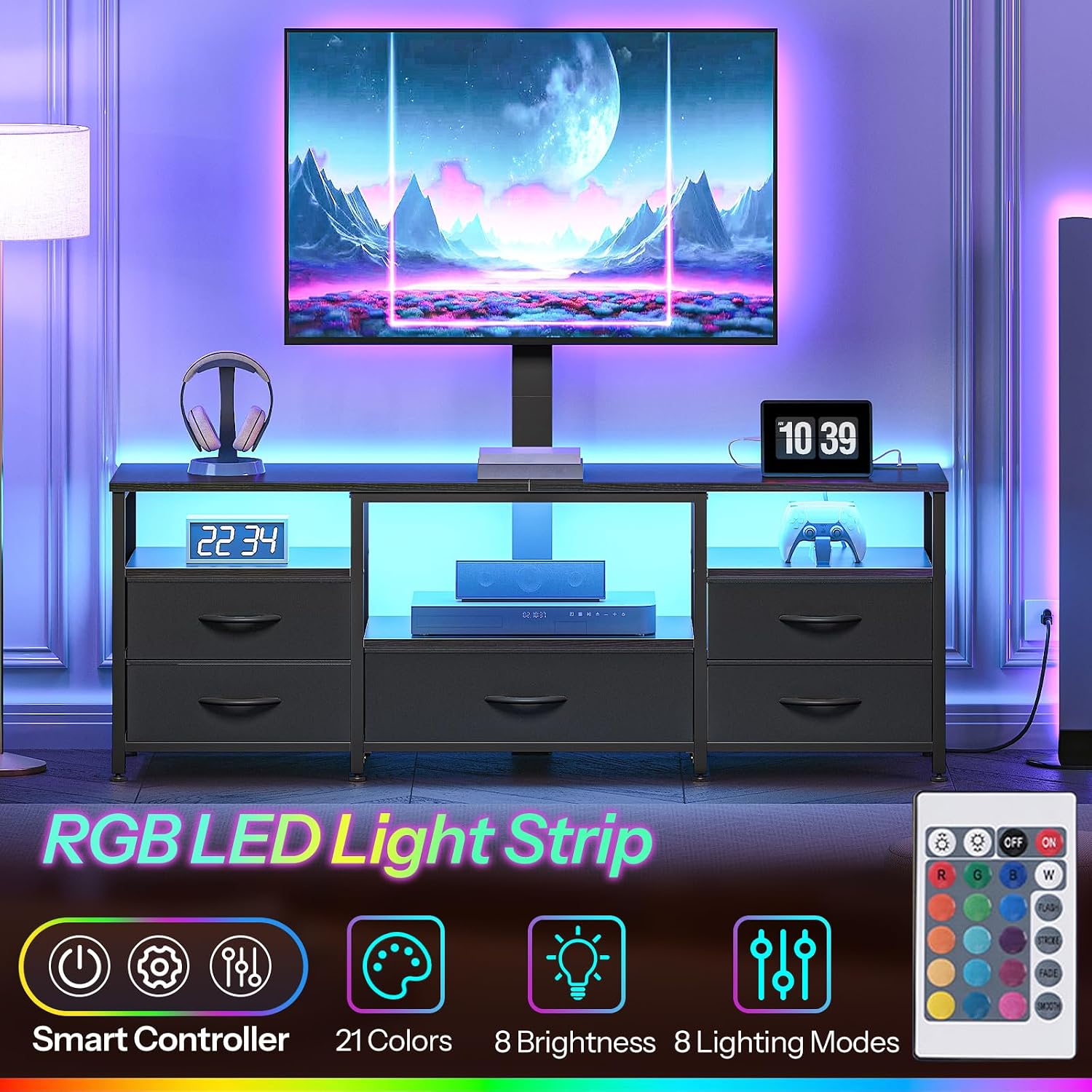 HOOBRO TV Stand with Mount and Power Outlet, for 32/45/55/60/65 inch TVs, Swivel Led Entertainment Center with Drawers, Adjustable Media Console for Living Room, Bedroom, Black BB130UDDS01