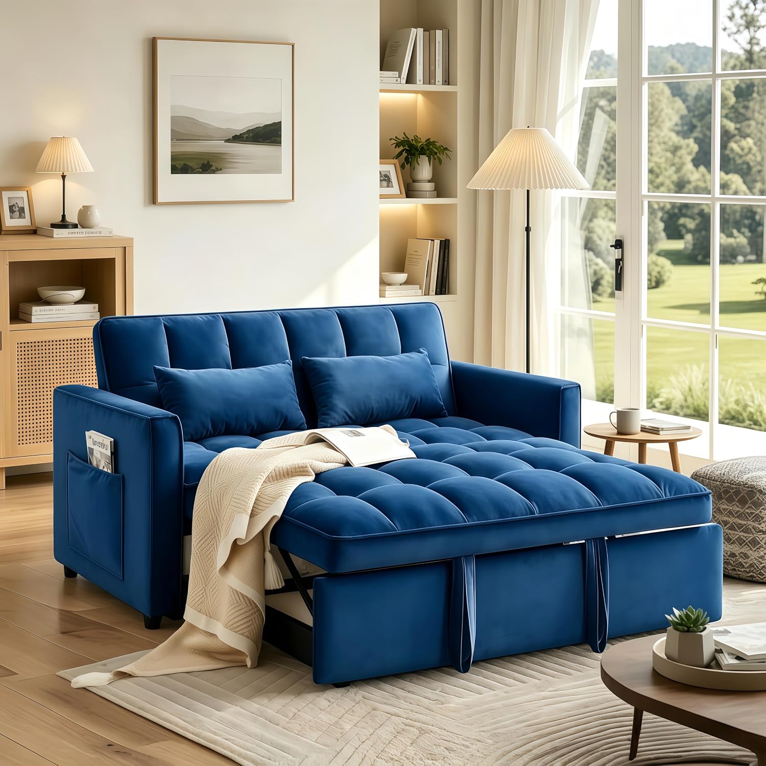 Convertible Sleeper Sofa Bed, Loveseat Sleeper Sofa with Large Side Pockets, Pull Out Sofa Bed with 3 Position Adjustable Backrest, 3 in 1 Velvet Couch Bed for Small Spaces, Apartment, Blue