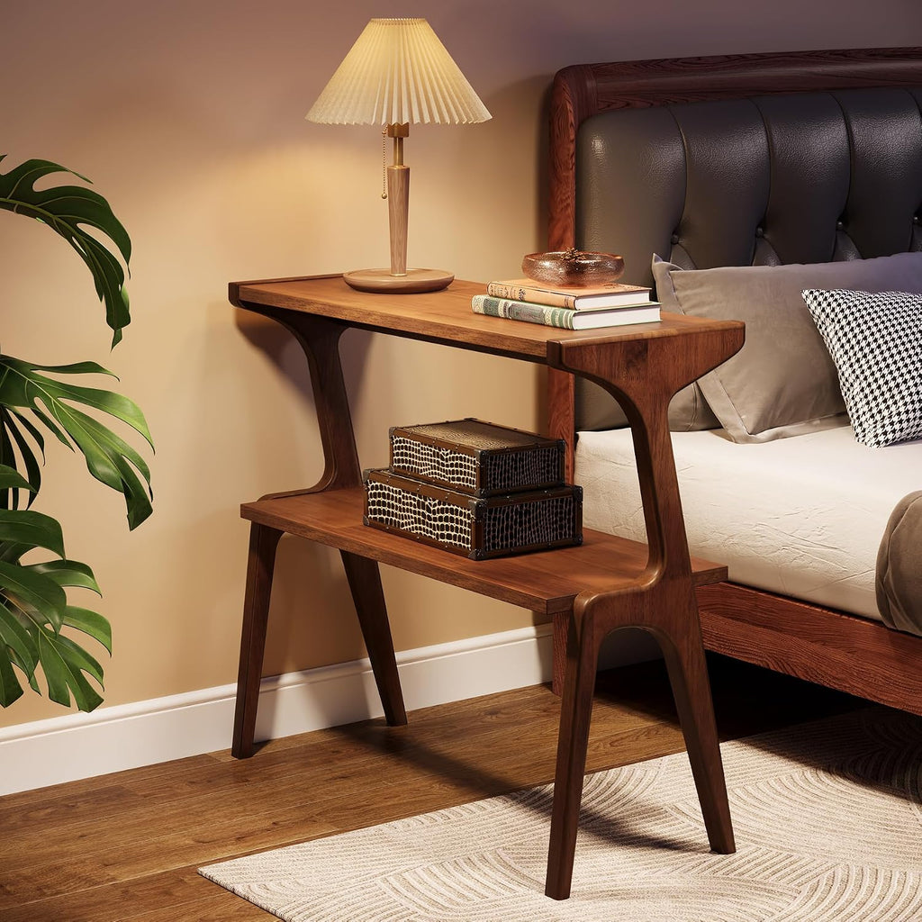 Tribesigns Set of 2 Solid Wood End Table, Rustic Side Table for Couch, 2-Tier Farmhouse Tall End Table, Narrow Bedside Table for Bedroom, Living Room, Easy Assembly, Rustic Brown