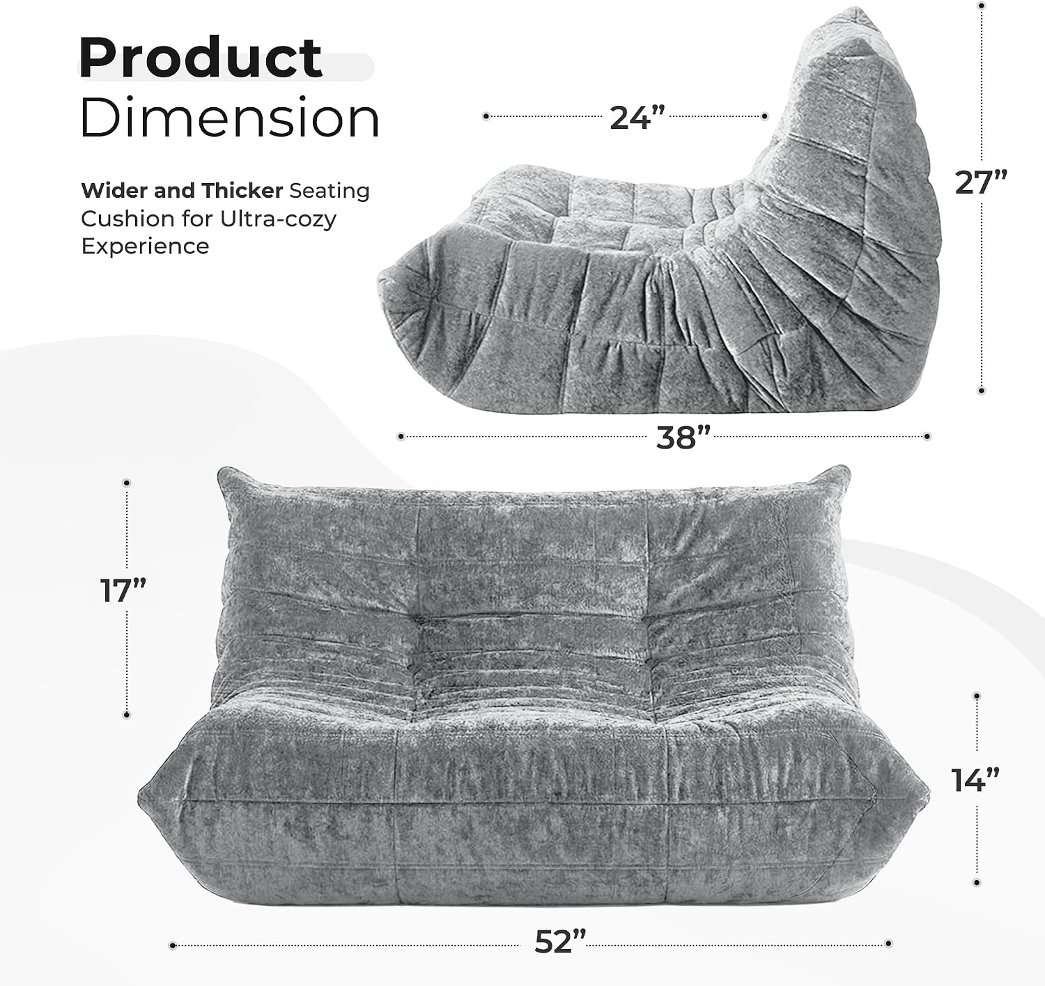 HABUTWAY Bean Bag Chair, Giant Bean Bag Chairs for Adults, Loveseat Fireside Chair, 2 Seater Lazy Bean Bag Sofa Memory Foam Couch for Living Room, Bedroom, Office (Light Grey)