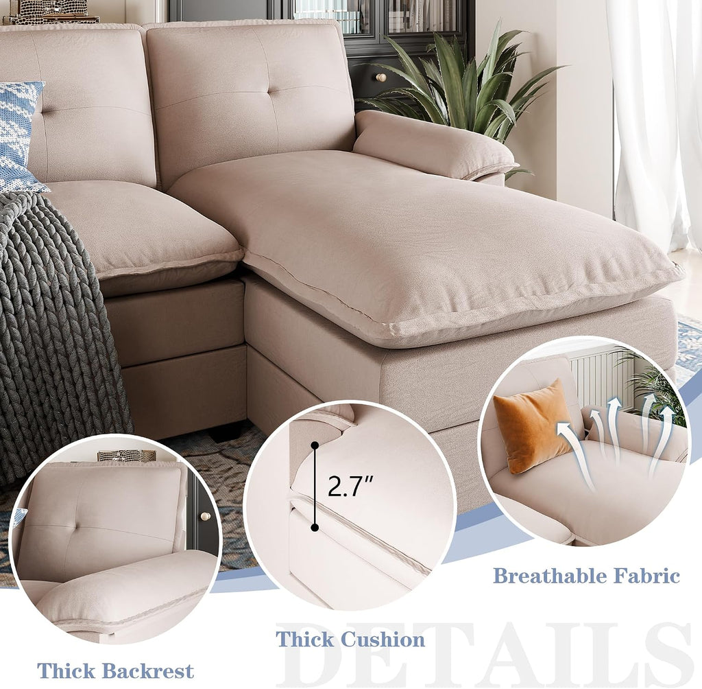 110' Sectional Couches for Living Room,4 Seat U Shape Modular Couch with Thick Cushion & Soft Backrest,Upholstered Sofa Couch with Double Chaise,Beige