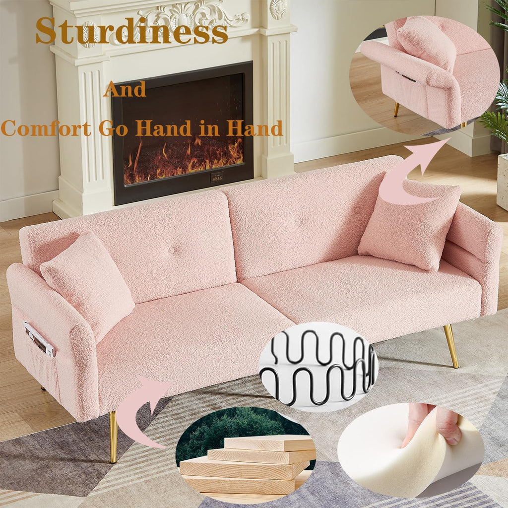 69.5'Pink Convertible Futon Sofa Bed with Adjustable Backrest and Armrests, Teddy Upholstered Loveseat Sleeper Couch with 2 Pillows and Metal Legs Love Seat for Guest Room Living Room (Pink)