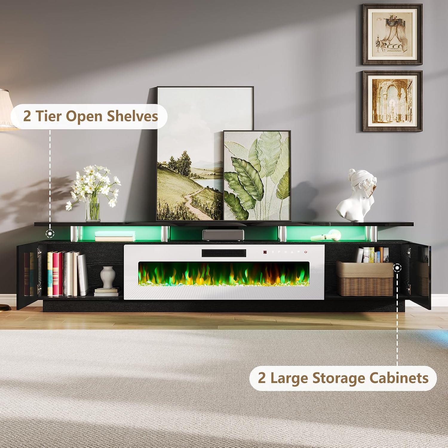 AMERLIFE 90' 2 Tier Fireplace TV Stand with 50' Fireplace, Modern Large Entertainment Center LED Lights, Media Console Table Storage Cabinet for TVs Up to 100', Living Room, Black & White