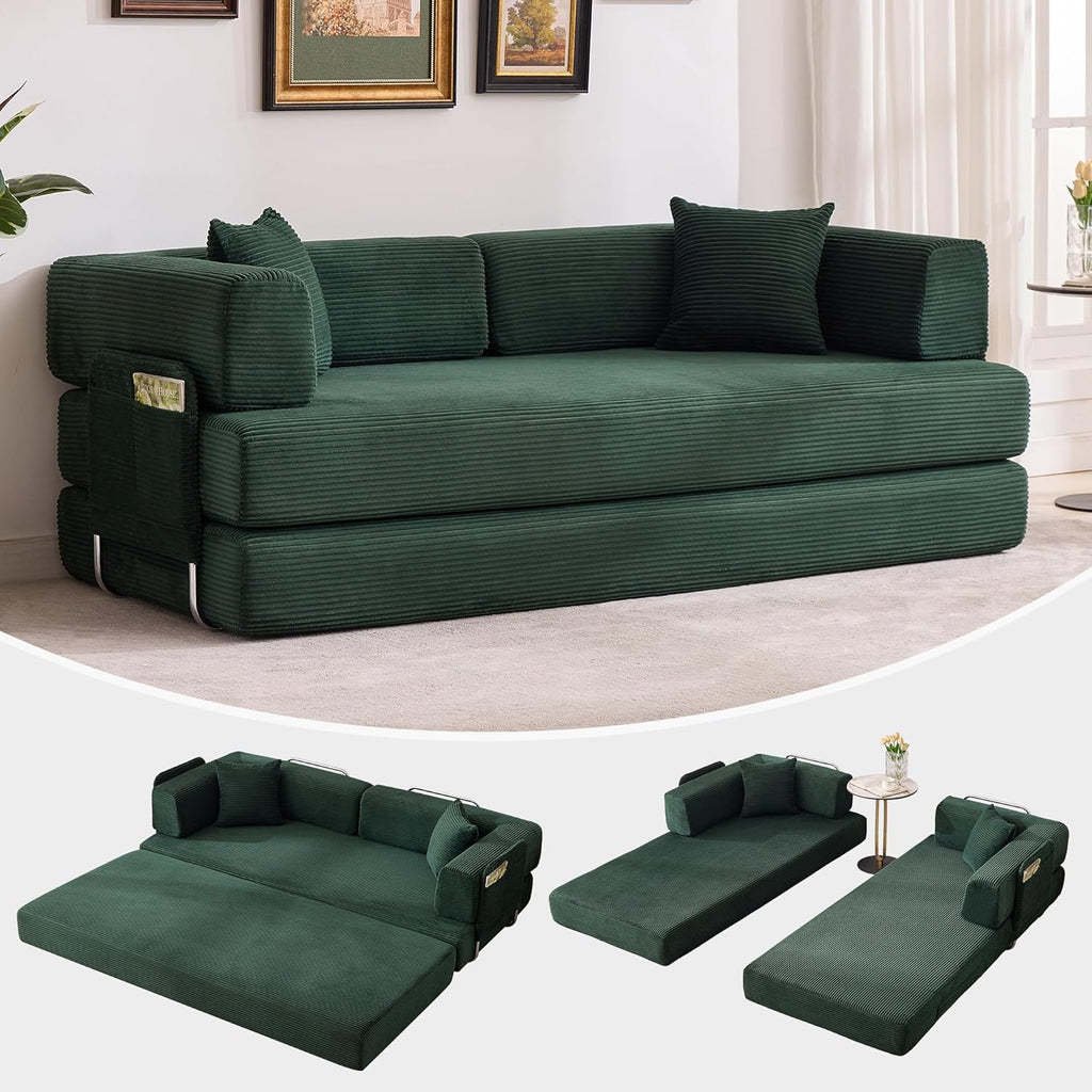 Garvee 5-in-1 Convertible Sofa Bed, 78.8' Modular Corduroy Sleeper with Sturdy Frame & No Assembly, Multi-Functional Futon for Small Space, Living Room & Guest Room (Green) (Dark Green)