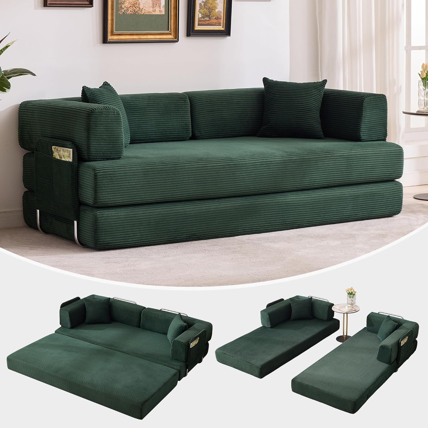 Garvee 5-in-1 Convertible Sofa Bed, 78.8' Modular Corduroy Sleeper with Sturdy Frame & No Assembly, Multi-Functional Futon for Small Space, Living Room & Guest Room (Green) (Dark Green)