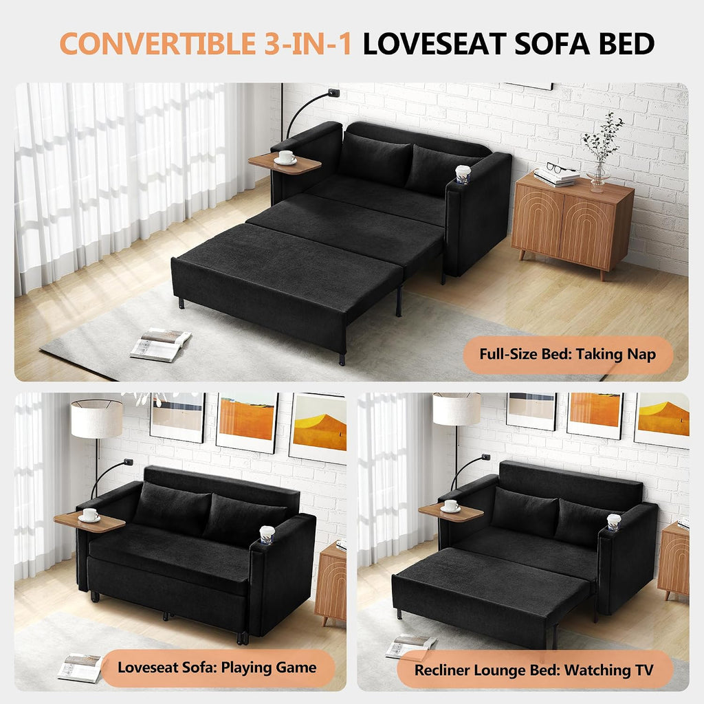 3-in-1 Convertible Sleeper Sofa Couch with Pullout Bed, Loveseat Sleeper Sofa Bed with Hidden Side Table, 56' Full Size Folding Futon Couch for Living Room Guest Room Apartment Home Office (Black)