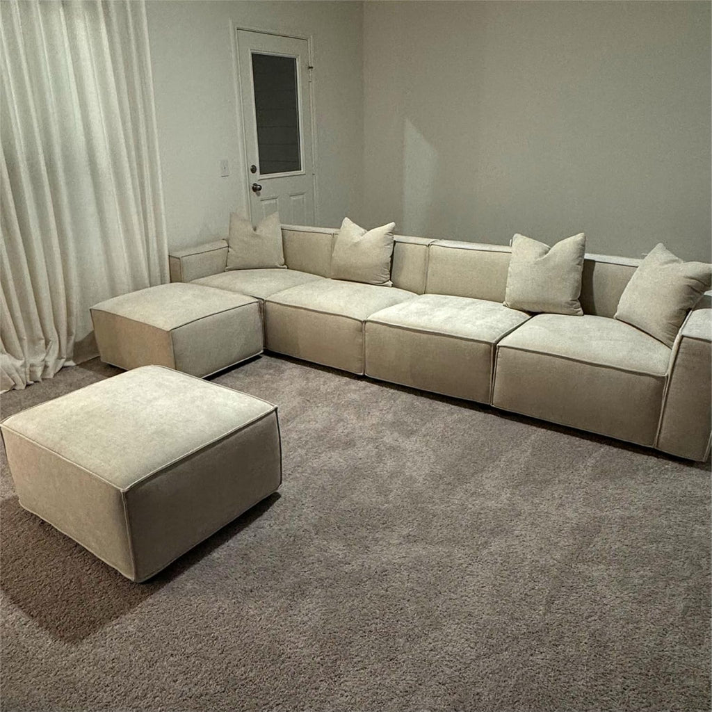 Acanva Luxury Modular Sectional Living Room Sofa Set, Modern Minimalist Style Couch with Ottoman and Chaise, U-Shape, Linen-Like Cream