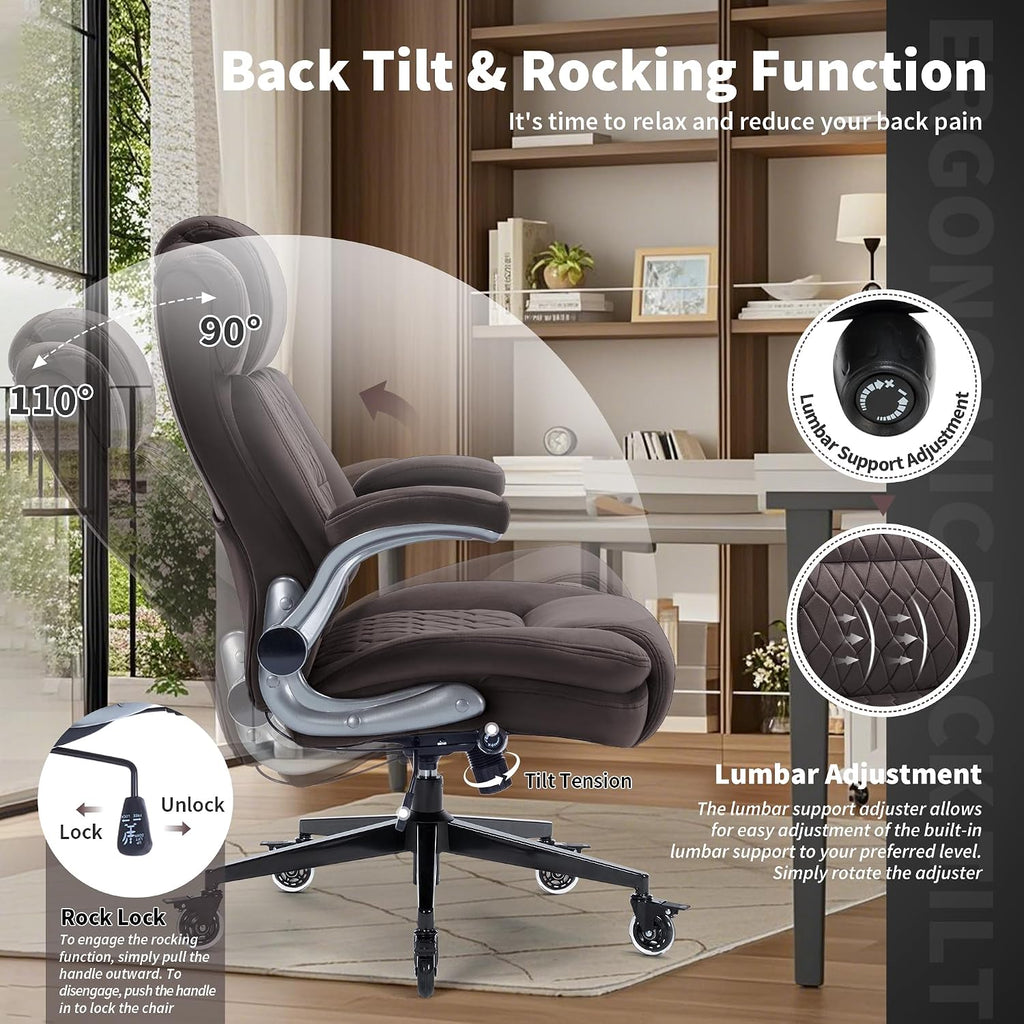 Office Chair with Locking Wheels, Ergonomic High Back Fabric Desk Chair with Adjustable Lumbar Support, Flip-Up Arms, Thick Padded Seat, 400lbs Heavy Duty for Home Office Adults