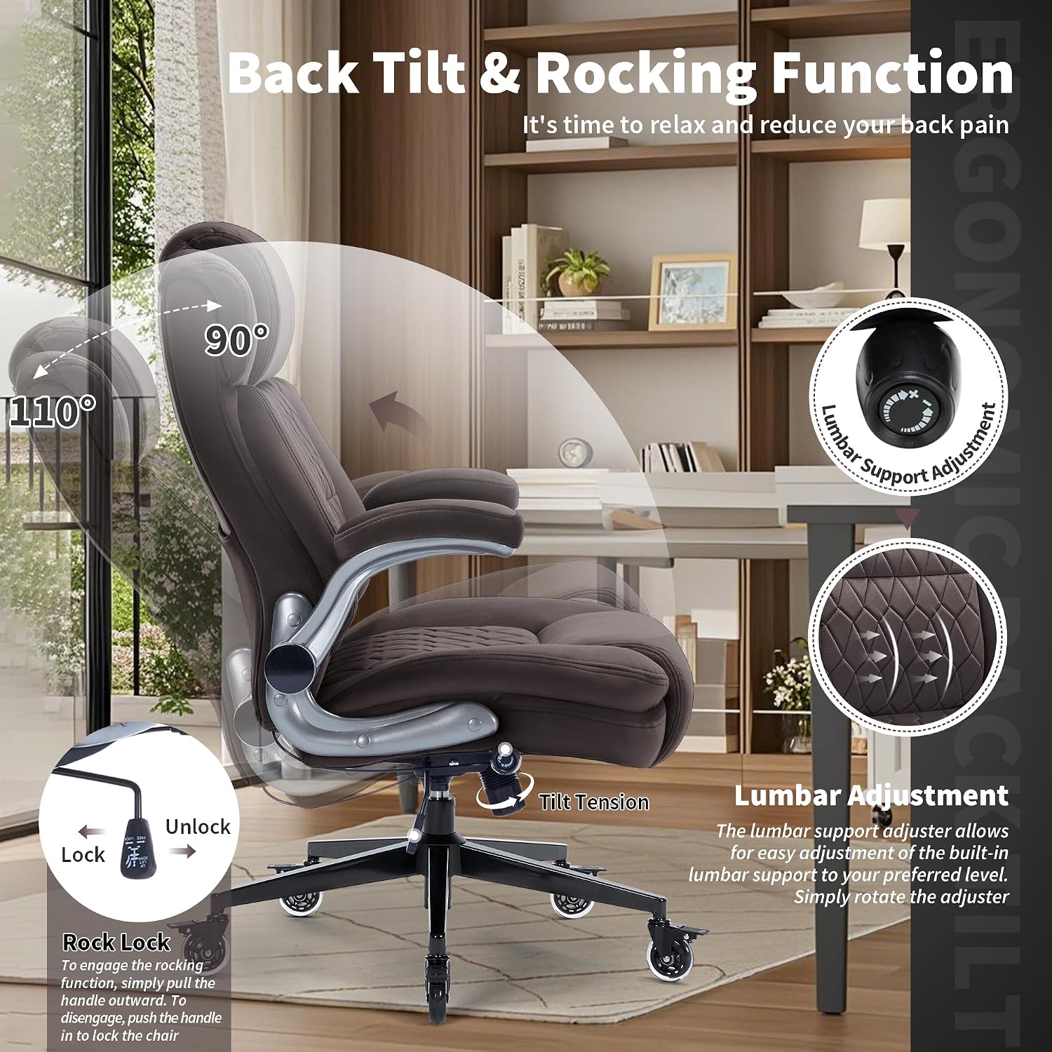 Office Chair with Locking Wheels, Ergonomic High Back Fabric Desk Chair with Adjustable Lumbar Support, Flip-Up Arms, Thick Padded Seat, 400lbs Heavy Duty for Home Office Adults