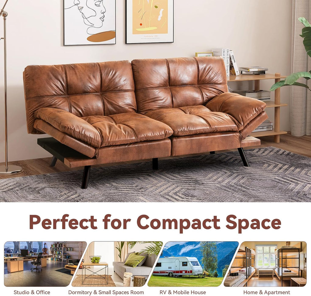 Convertible Futon Sofa Bed,Faux Leather Futon Couch,Memory Foam Futons Bed,Small Splitback Modern Loveseat Sleeper Sofa for Living Room,Office,Apartment,Brown