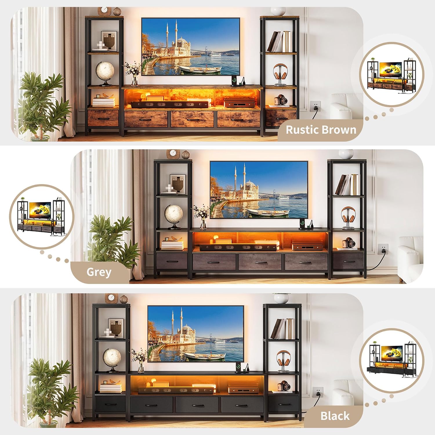 YITAHOME Modern TV Stands for 65 inch TVs, Entertainment Center with Drawers and Bookshelves, LED TV Console Cabinet with Power Outlets for Living Room, Black