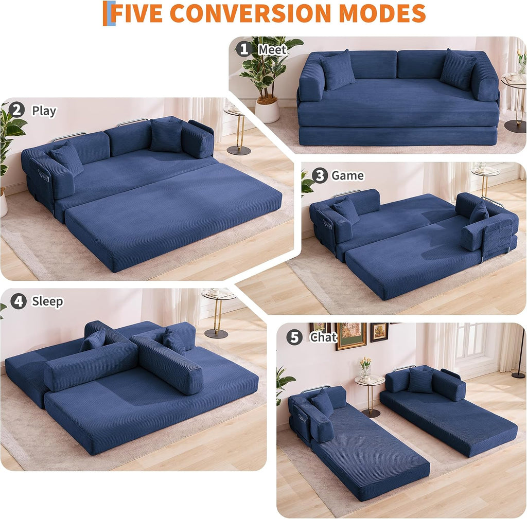 Garvee 5-in-1 Convertible Sofa Bed, 78.8' Modular Corduroy Sleeper with Sturdy Frame & No Assembly, Multi-Functional Futon for Small Space, Living Room & Guest Room (Blue)