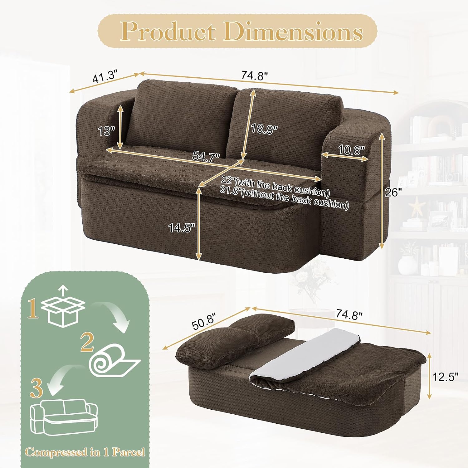 Futon Sofa Bed with Blanket, Convertible Folding Boneless Compressed Faux Fur Memory Foam Floor Loveseat Sleeper Sofa Couch Full Size Bed with Pillows for Guest Room Living Room Small Space, Brown