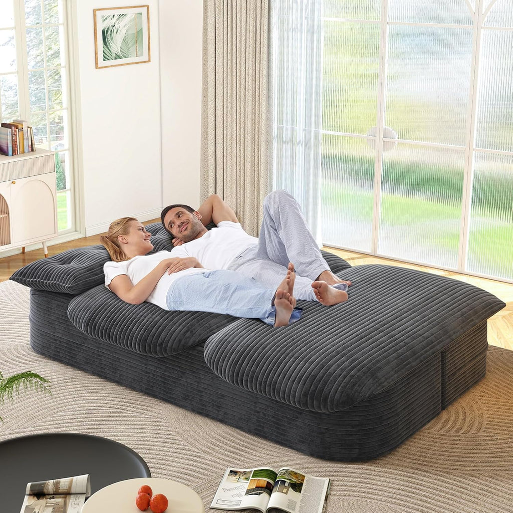 Convertible Sleeper Sofa, Modern 78-inch Folding Futon Corduroy Floor Foam Compression Loveseat Sofa Bed Couch, Foldable Full Size Guest Bed with 2 Pillows for Living Room Bedroom Apartment, Dark Grey
