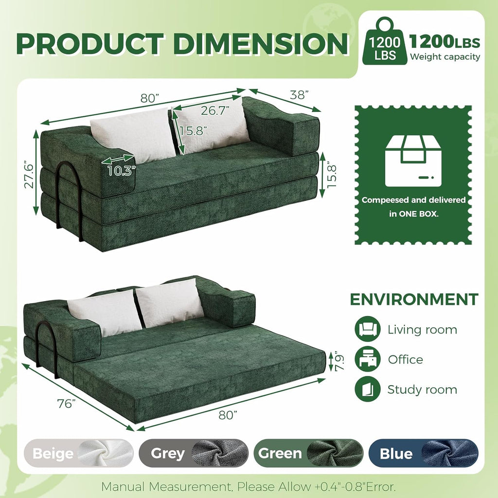 80' King Size Convertible Sofa Bed Sleeper, Foldable Futon Couch with Memory Foam & 2 Pillows, Chenille Fabric Modular Loveseat for Small Spaces, Apartment, Living Room, Studio (Green, 80in)