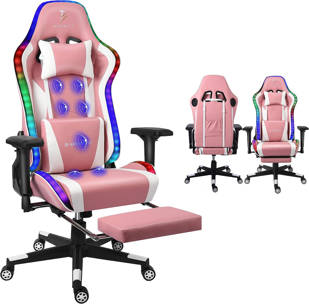 Gaming Chair with Massage and Speakers,Ergonomic Video Gaming Chair with Footrest and Lumbar Support,RGB Racing Gaming Chair, Computer Chair for Adults and Teens, 400lb.,Pink