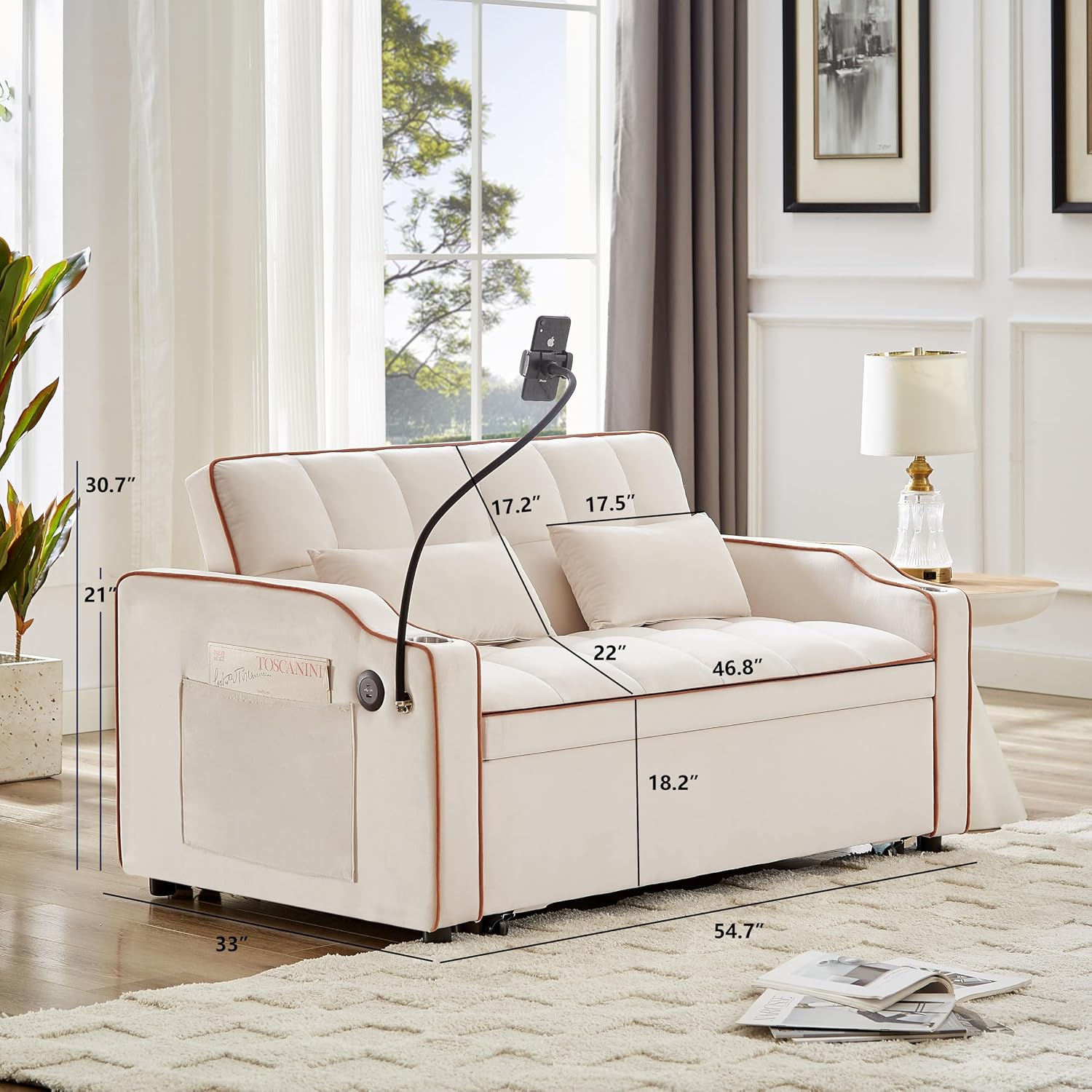 SLEERWAY 3-in-1 Convertible Futon Sofa Bed Chair, Multi-Functional Sleeper Chair Bed with Pull Out Couch and Adjustable Backrest, Modern Velvet Chaise Lounge Loveseat for Living Room Bedroom, Beige
