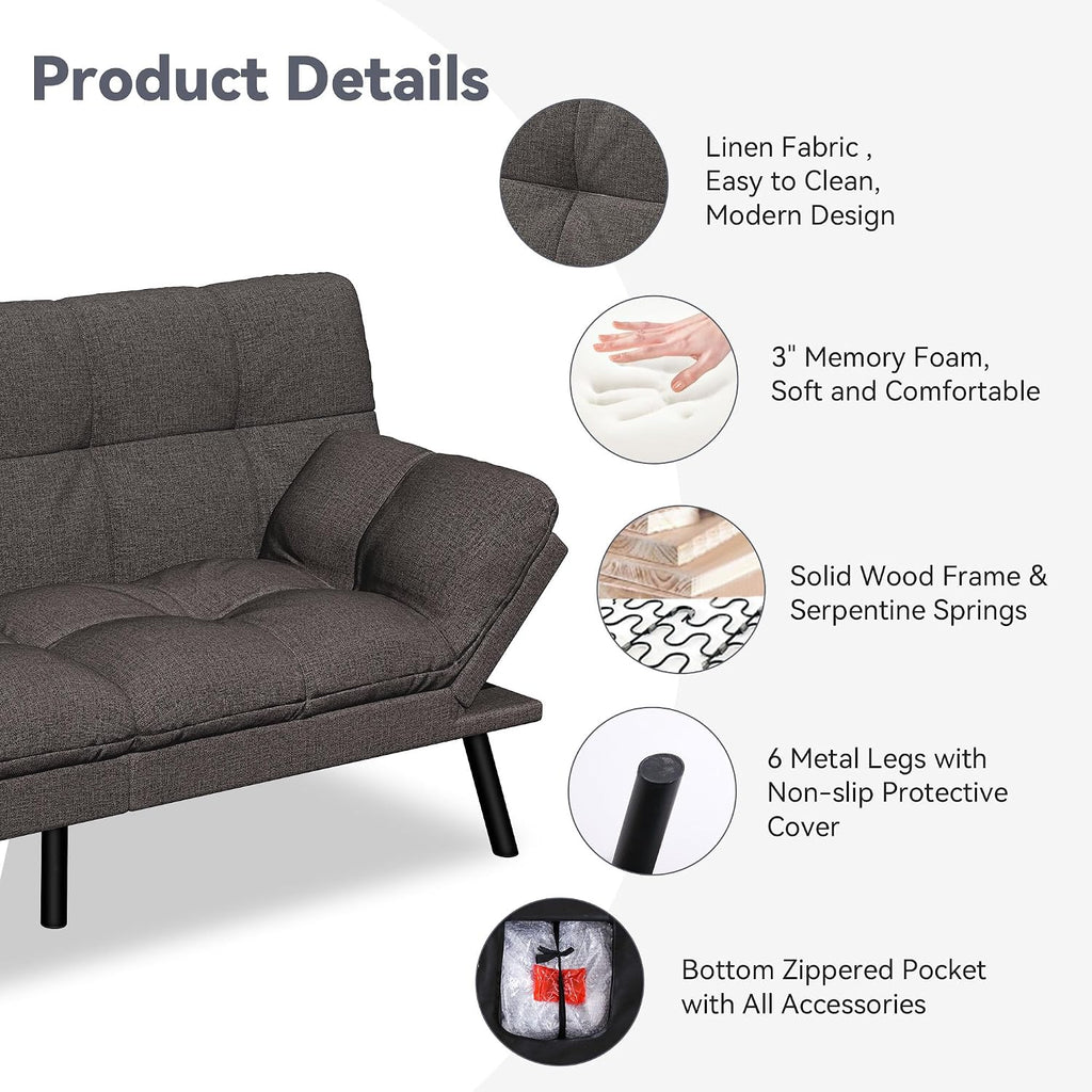 Convertible Futon Sofa Bed,Grey Linen Modern Futon Couch,Memory Foam Loveseat Sleeper Recliner,Detachable Cushion,Adjustable Backrest & Armrest,Couch for Living Room,Office,Apartment
