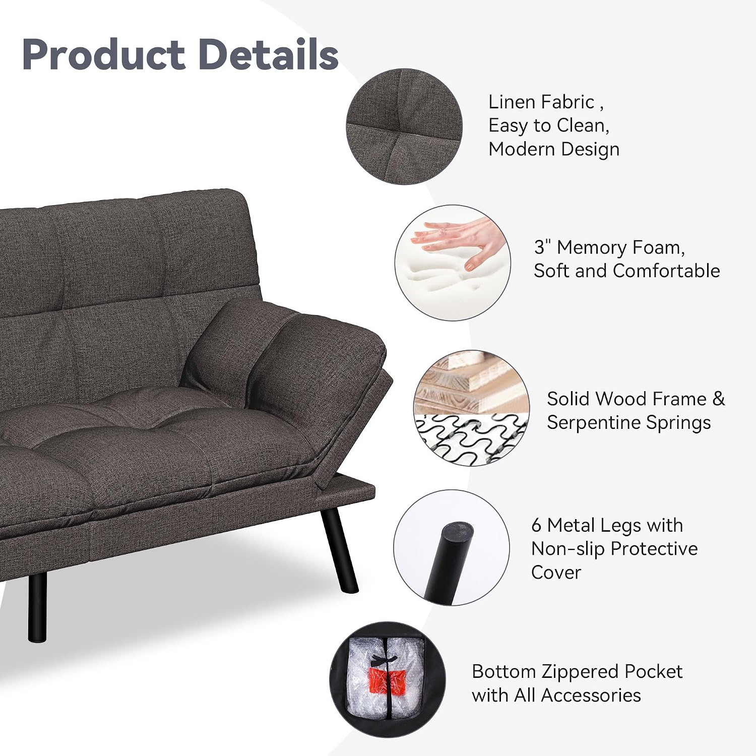 Convertible Futon Sofa Bed,Grey Linen Modern Futon Couch,Memory Foam Loveseat Sleeper Recliner,Detachable Cushion,Adjustable Backrest & Armrest,Couch for Living Room,Office,Apartment