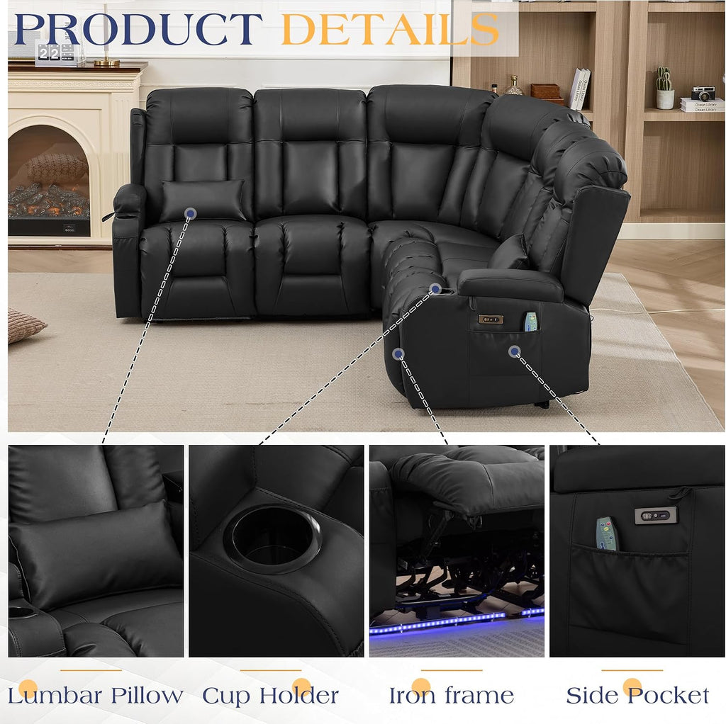 TUNYI Power Loveseat Recliner Sofa with Massage & Heat Home Theater Seating with Console RV Recliner Loveseat Sofa with USB/Storage/Side Pocket/LED Light/Speaker (Black, 4 Seat with Corner)