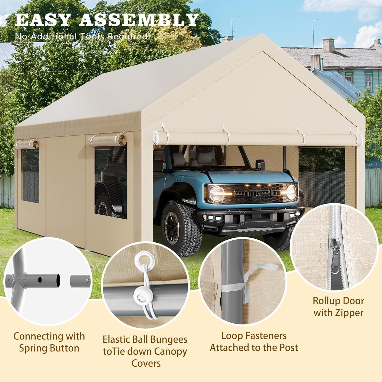 12x20 FT Heavy Duty Carport Canopy, All-Weather Vehicle Shelter with Roll-up Ventilation Windows & Removable Sidewalls, Portable Garage for SUV, Truck, Boat, Khaki