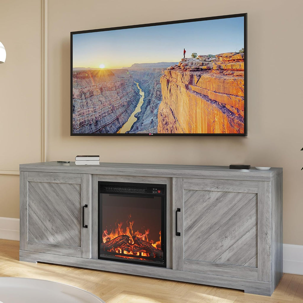 BELLEZE Modern 58' Farmhouse TV Stand with 18' Electric Fireplace Heater & Media Entertainment Center for TV up to 65', Console Table with Storage Cabinets - Hilo (Grey Wash)
