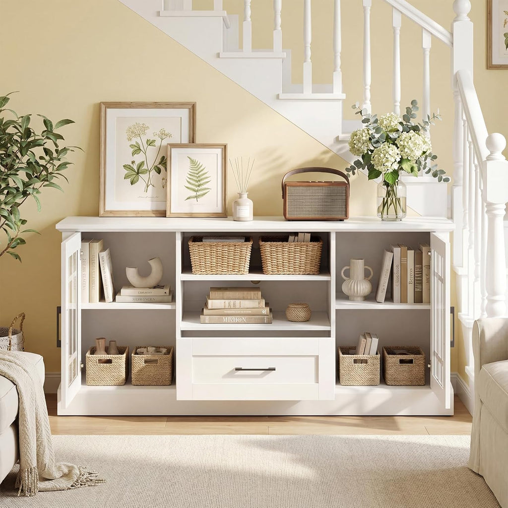 Giantex Farmhouse TV Stand for 65/70 Inch TV, Tall Entertainment Center with Storage Cabinets, Glass Doors, Drawer, Removable Shelves, Media TV Console Table for Living Room, Bedroom (White)