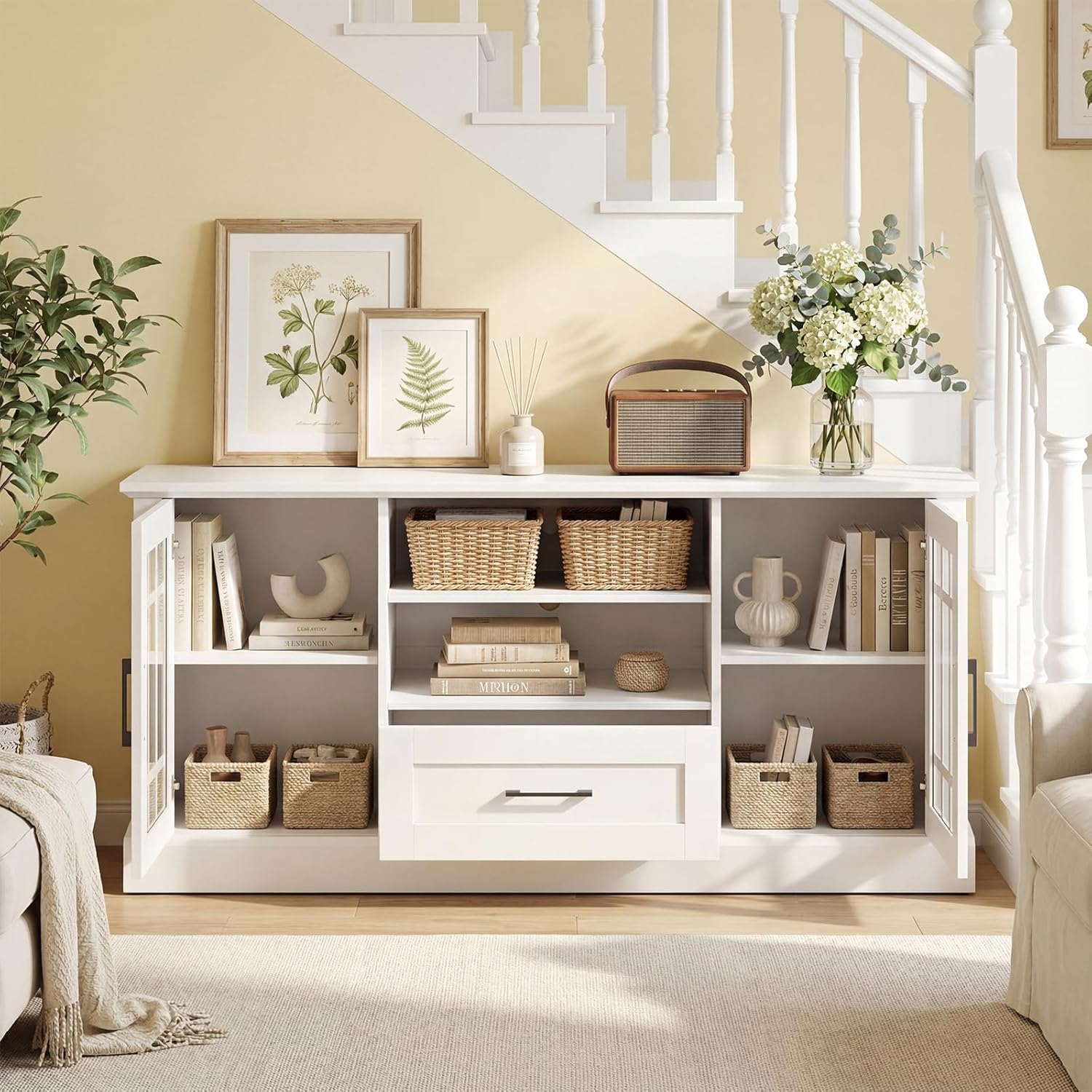 Giantex Farmhouse TV Stand for 65/70 Inch TV, Tall Entertainment Center with Storage Cabinets, Glass Doors, Drawer, Removable Shelves, Media TV Console Table for Living Room, Bedroom (White)