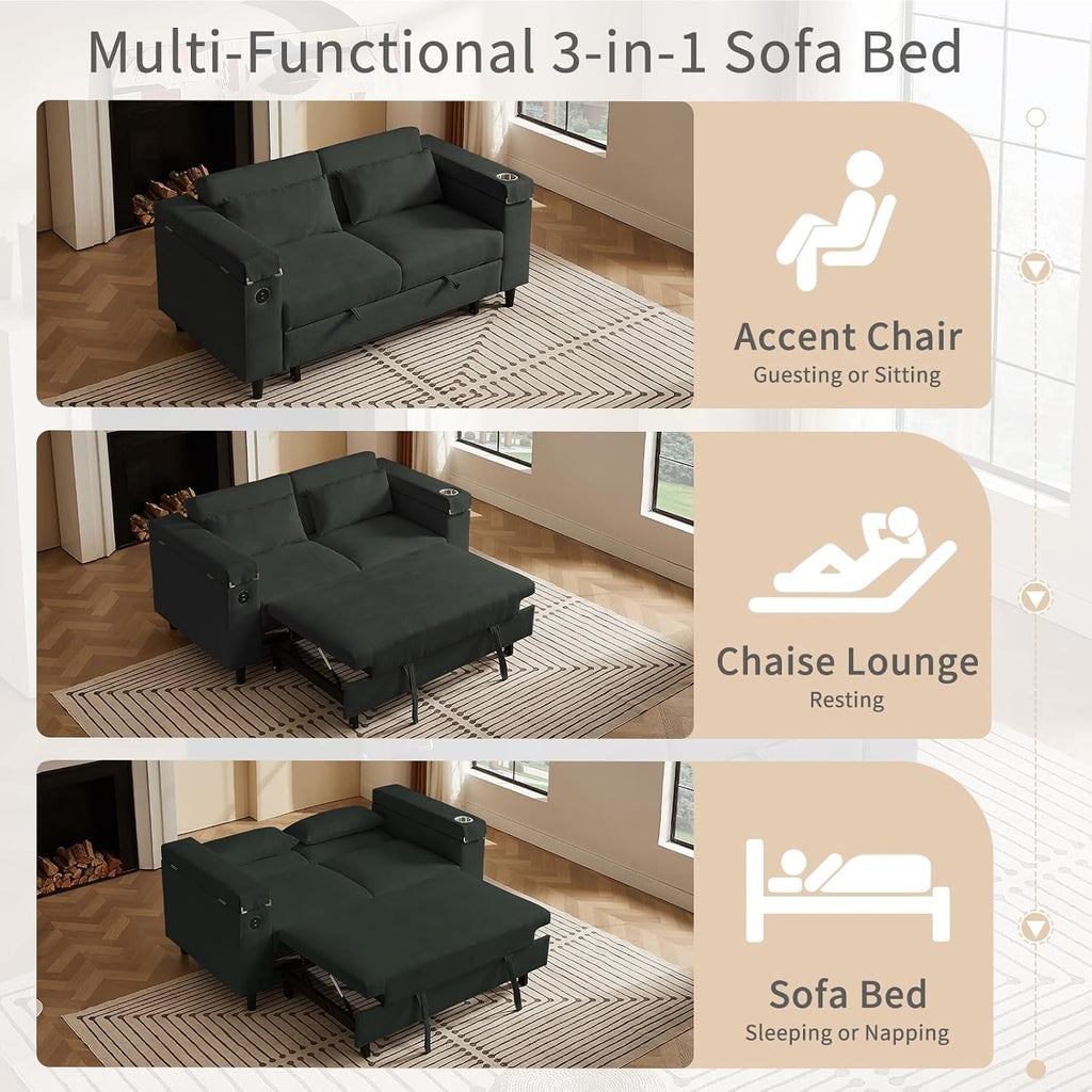 hansones 66' Multi-Functional Pull-Out Sofa Bed with Hidden Side Table, Storage Armrests, Built-in Charging Port, Spring Mattress, Solid Wood Frame – Ideal for Small Spaces, Easy Assembly