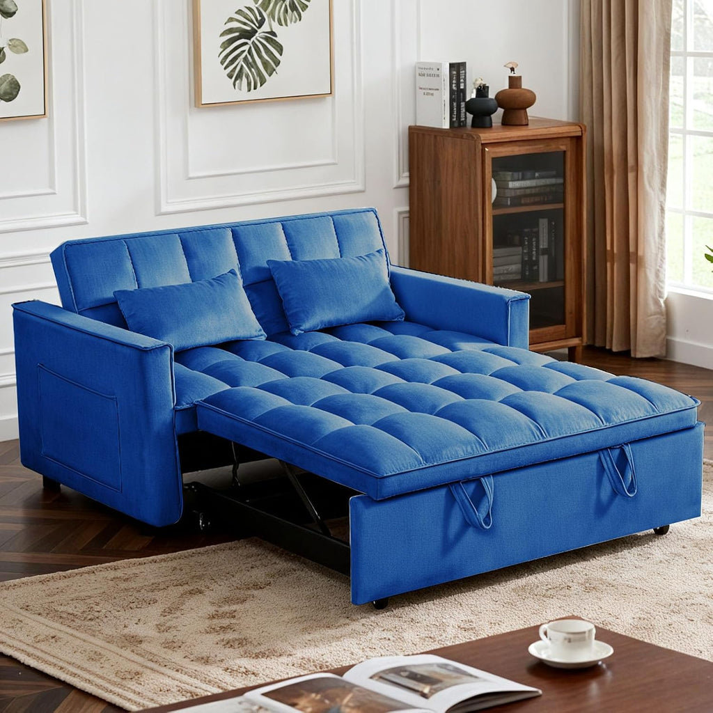 Convertible Sofa Bed, Pull Out Couch with Side Pockets, 3 in 1 Velvet Fabric Loveseat Sleeper Sofa Bed, Pull Out Couch with Adjustable Backrest for Living Room, Bedroom, Apartment, Blue