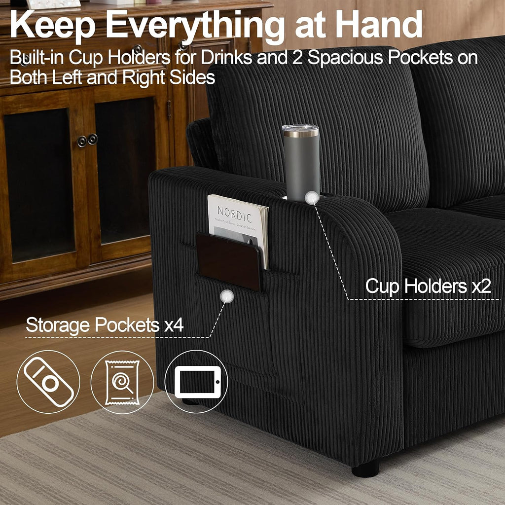 87.4' Oversized 3 Seater Couch, Upholstered Sofa for Living Room,Modern Deep Seat Comfy Loveseat Couches with Cup Holders,Corduroy Love Seat Sofa (Black)