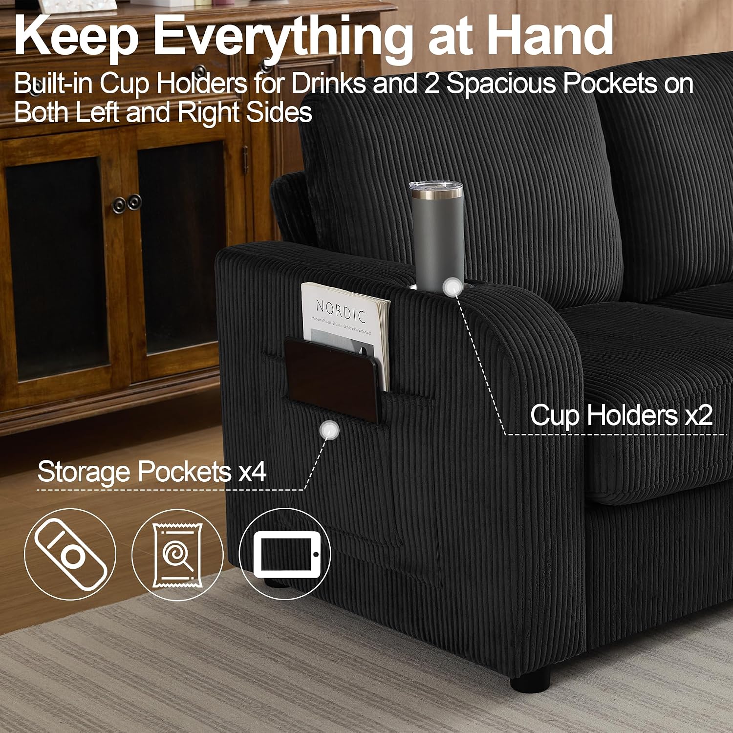87.4' Oversized 3 Seater Couch, Upholstered Sofa for Living Room,Modern Deep Seat Comfy Loveseat Couches with Cup Holders,Corduroy Love Seat Sofa (Black)