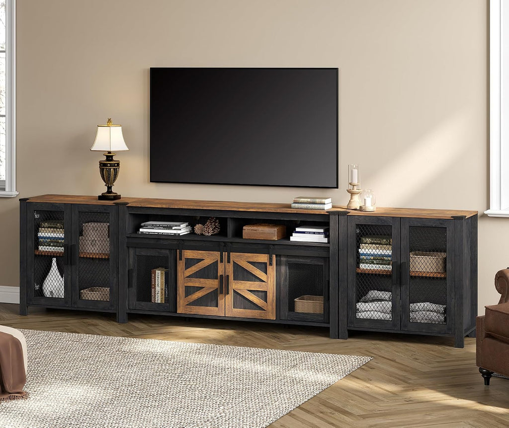 WAMPAT TV Stand Set for 100 inch TV,Door Storage Cabinet with Mesh for Living Room,Farmhouse Storage Units with Open and Adjustable Shelf,Antique White, Dark Walnut and Black