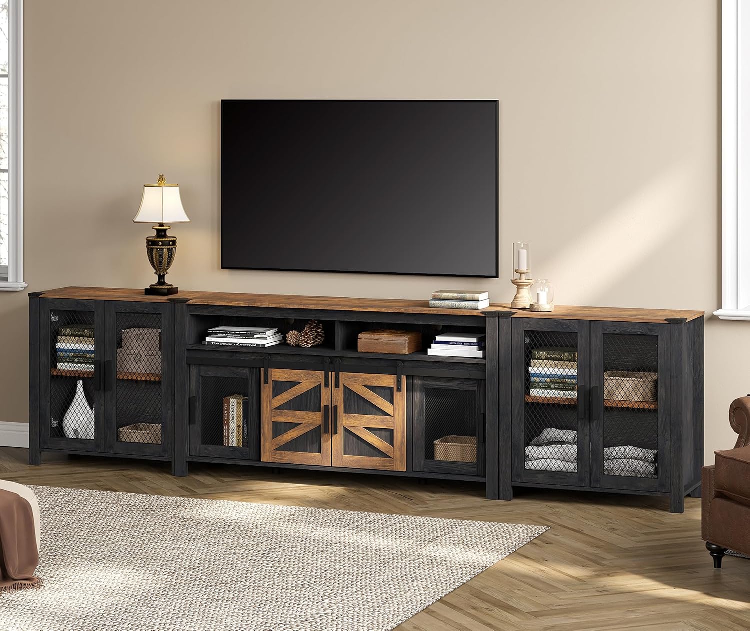 WAMPAT TV Stand Set for 100 inch TV,Door Storage Cabinet with Mesh for Living Room,Farmhouse Storage Units with Open and Adjustable Shelf,Antique White, Dark Walnut and Black