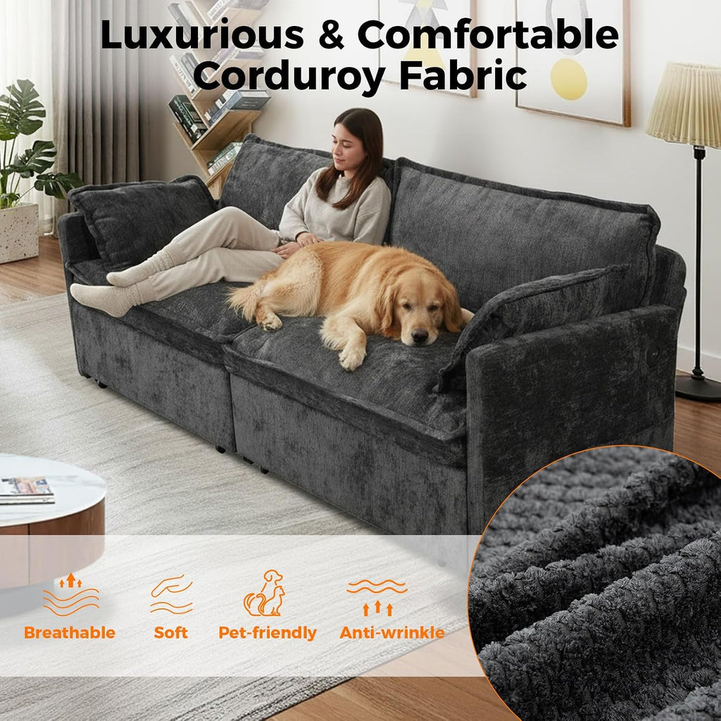 CAPCAEK 72' Futon Sofa Bed King Size, 3-in-1 Pull Out Couch Convertible Sleeper Sofa with USB Ports and Side Pocket, Modern Corduroy Loveseat Couch for Living Room,Small Space,Apartment,Bedroom,Black